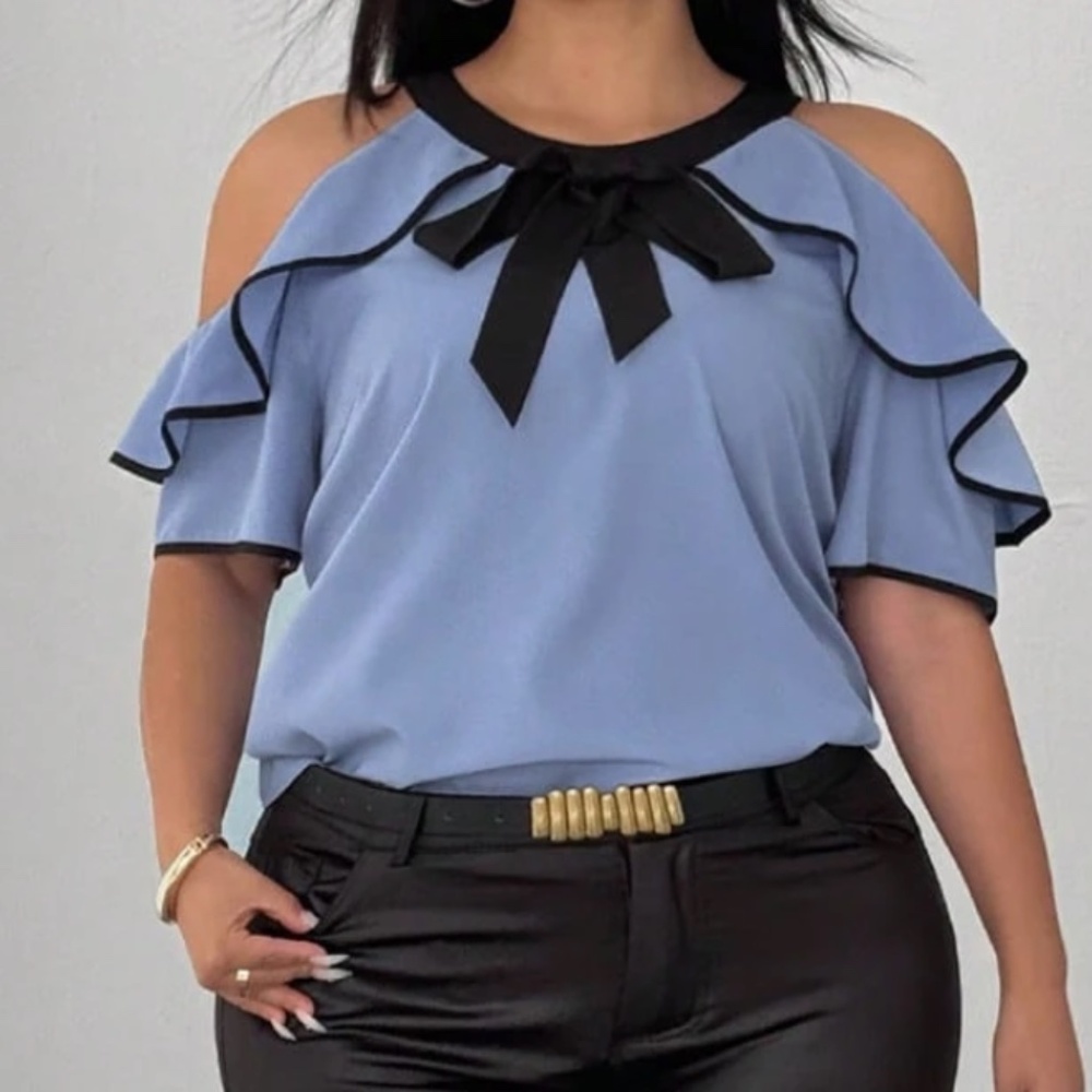Plus Color Block Cold Shoulder Ruffle Detail Short Sleeve Blouse - Picture 6 of 11